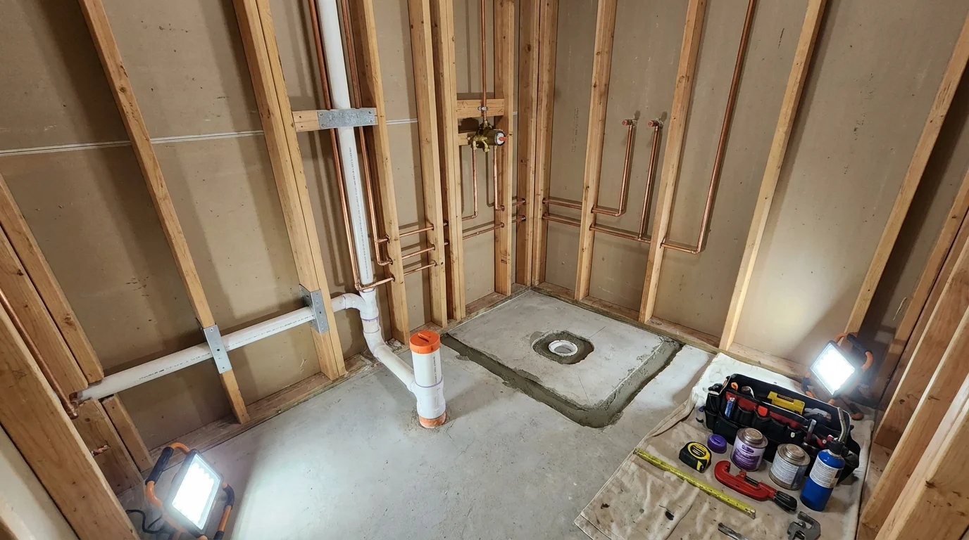 Bathroom rough-in plumbing during remodel by Johns Plumbing LLC in Denton
