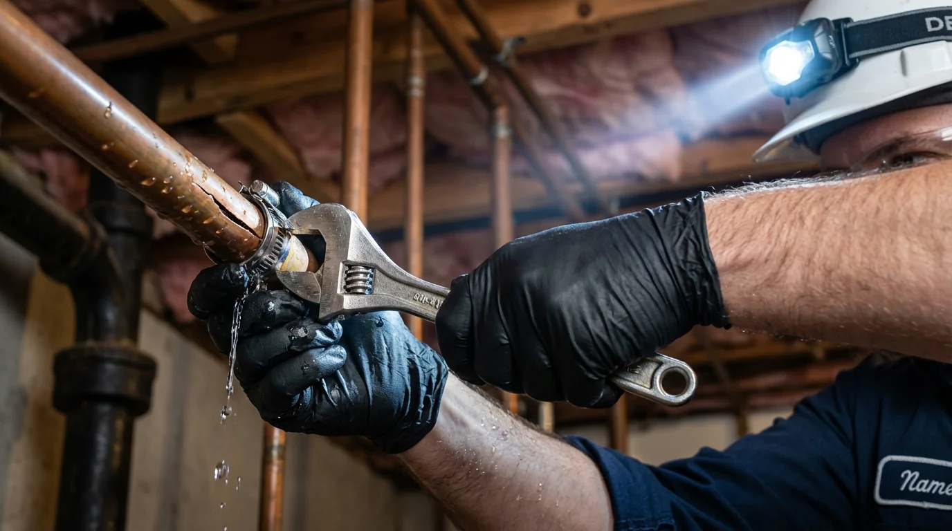 Emergency pipe clamp repair being performed by a Johns Plumbing LLC plumber in Denton
