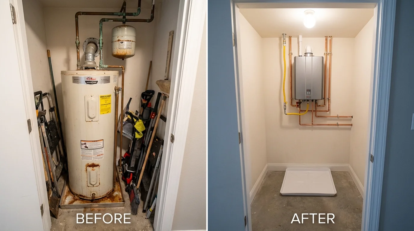 Tank water heater versus wall-mounted tankless unit comparison for Denton, NC homeowners