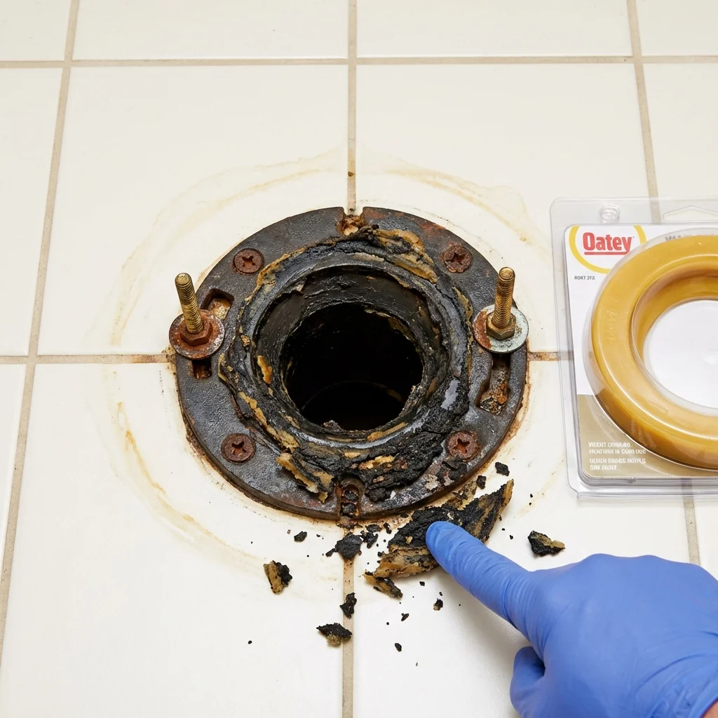 Failed wax ring showing water seepage at the base of a toilet in a Denton, NC home