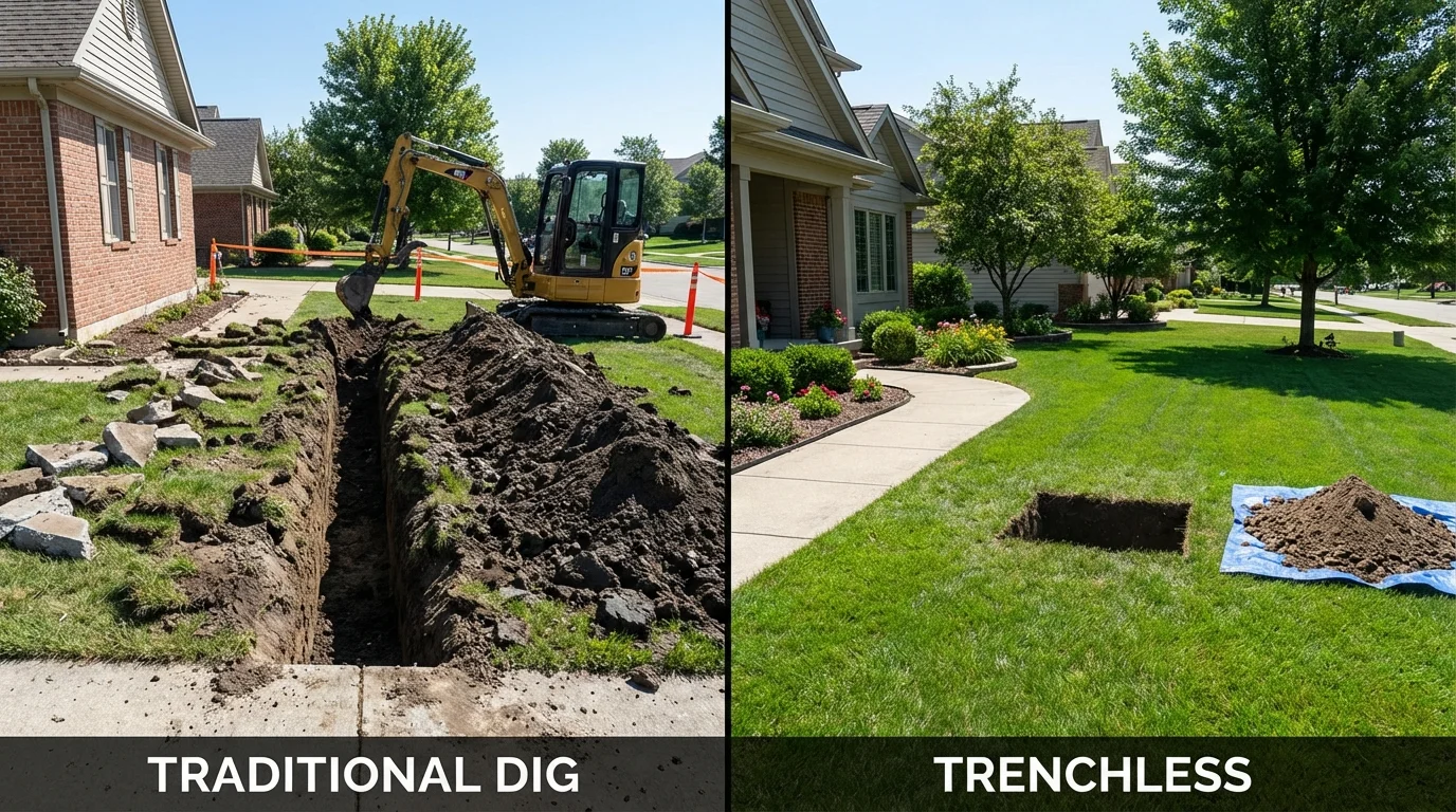 Trenchless sewer repair with minimal yard damage versus traditional excavation in Denton, NC