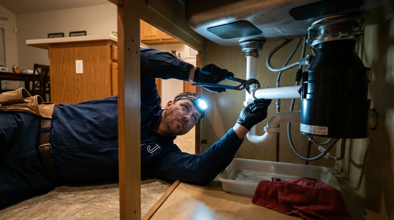 P-trap and supply line connections under a kitchen sink showing a common leak point in Denton, NC